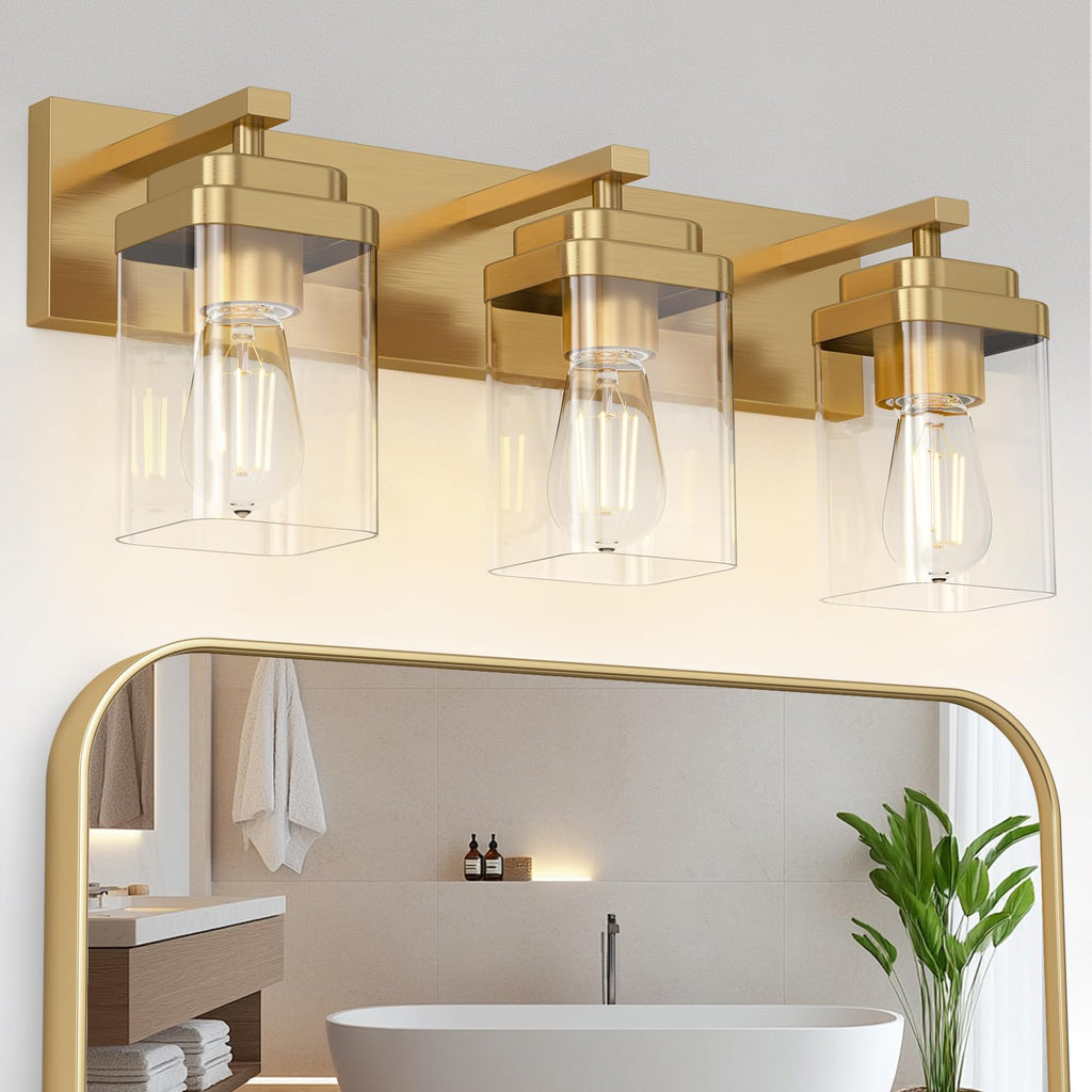LKHF Brushed Gold Bathroom Light Fixtures, 3 Lights Bathroom Lighting Fixtures Over Mirror, Square Design & Rectangle Large Backplate, Modern Vanity Lighting Fixtures, for Living Room/Bedroom