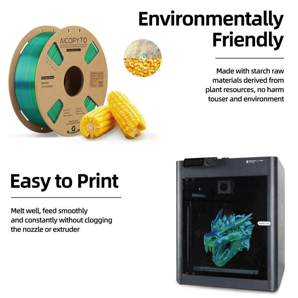 AICOPYTO Dual Color Silk PLA 3D Printer Filament 1.75mm, Dual Color 2-in-1 Green-Blue Silk Filament 1KG Spool (2.2lbs) Dimensional Accuracy Probability +/- 0.02mm Fits Most FDM 3D Printers, Blue-Green