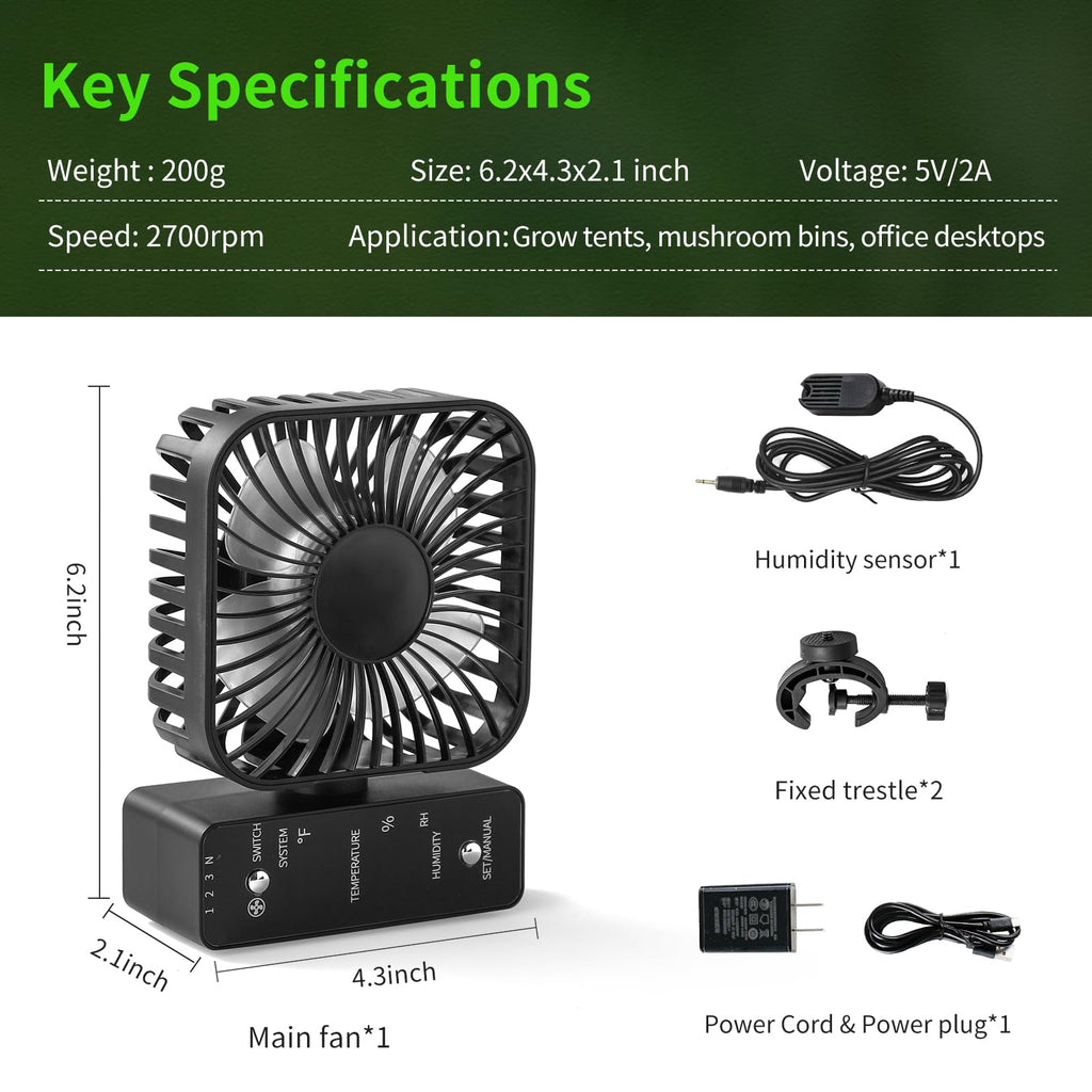 DAOTAILI 4" Grow Tent Clip Fan with Temperature & Humidity Control, LCD Display, Oscillating Fan for Hydroponics