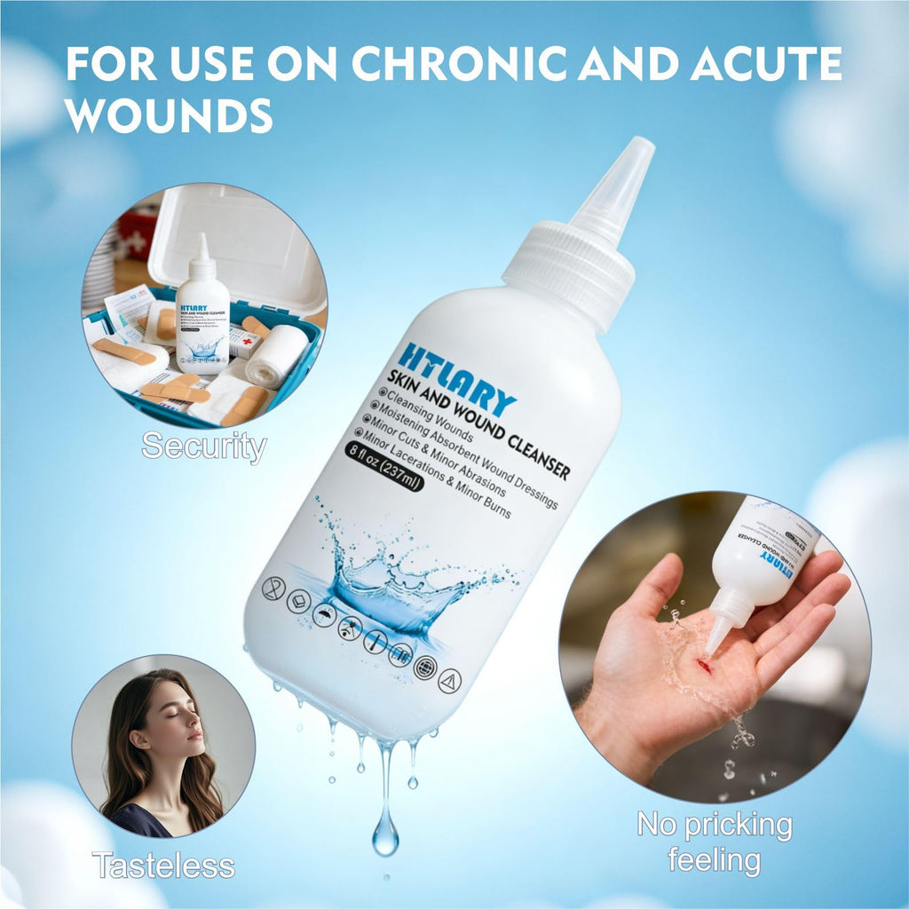 HTLARY Skin and Wound Cleanser 0.9% Saline Solution. Formulated to Manage cuts, abrasions, and Minor Burns While Providing Gentle Hydration and Preparation for Absorbent dressings