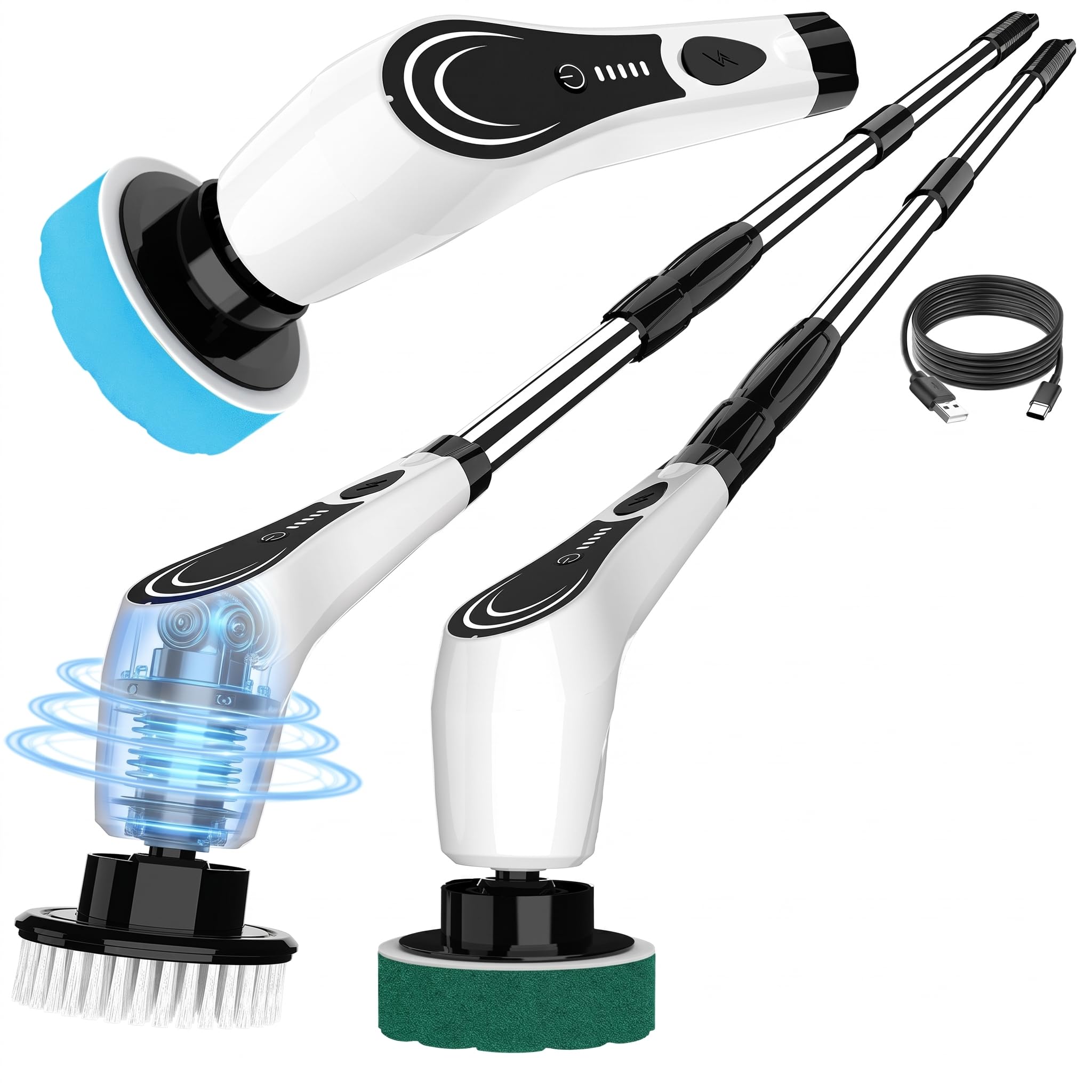 Lichffy Electric Spin Scrubber, Cordless Power Scrubber with 1 Replaceable Brush Heads, 2-Speed Adjustable Handle, IPX7 Waterproof Shower Scrubber for Bathroom, Tile, Tub, White-rx2
