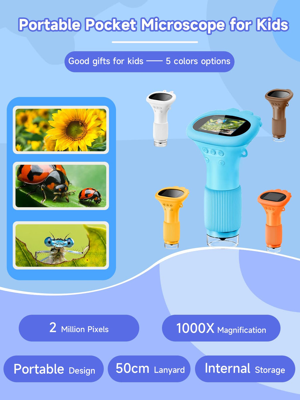 Acoath Microscope for Kids, 1000X Handheld Digital Miniscope with 2.0" Screen, Portable Pocket Microscope Education Toys Gifts for Age 3 4 5 6 7 8 9 10 Girls Boys