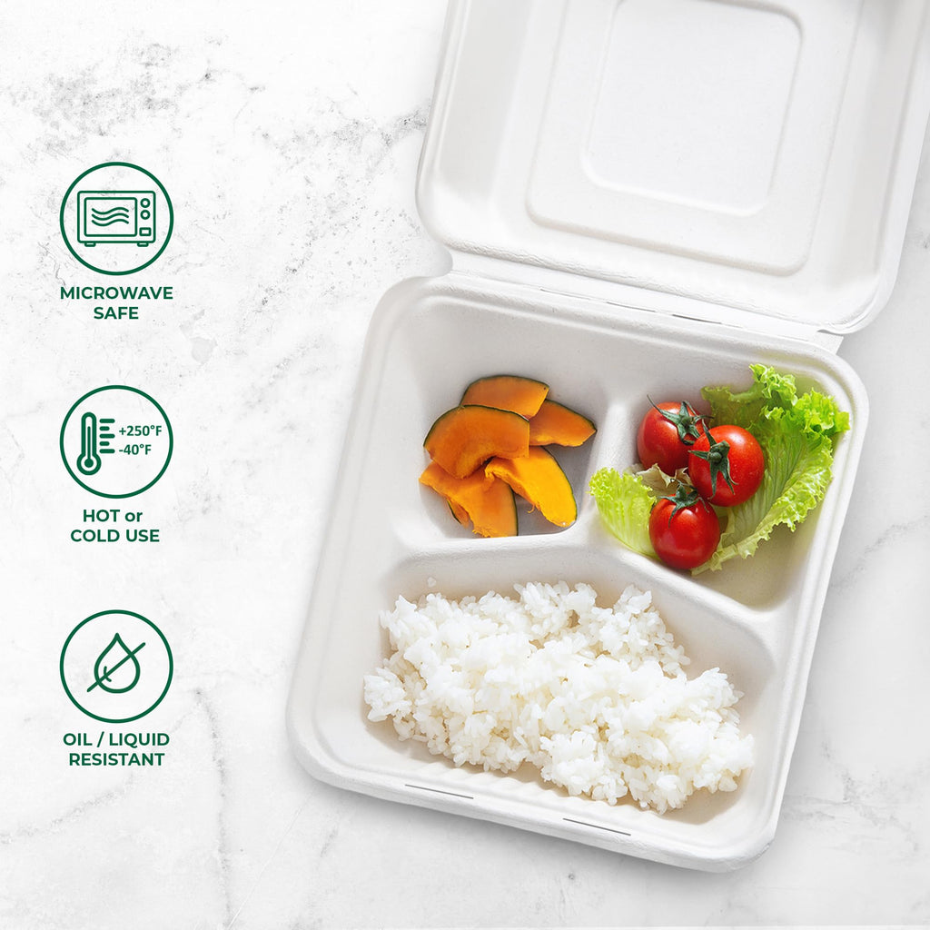 Freshware Clamshell Food Containers with Lids [9x9"] 3-Compartment 50-Pack, Disposable To Go Containers, Biodegradable Sugarcane To Go Boxes - Paper Containers - Microwave & Freezer Safe, Stackable