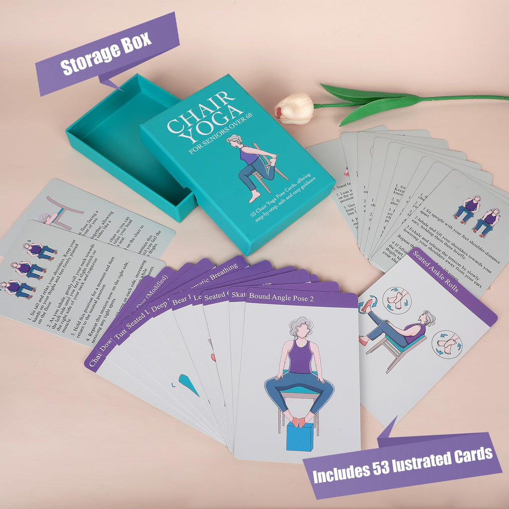 Chair Yoga Cards for Seniors Over 60, 53 Chair Yoga Pose with Step-by-Step Guides, Large Print Exercise Cards for Elderly, Gifts for Grandparents,Grandpa,Grandma,Get Well Gifts