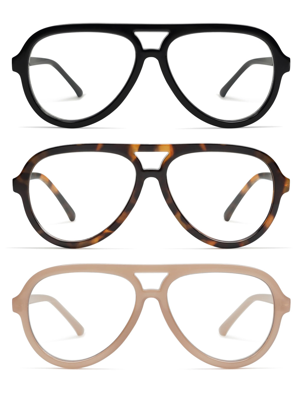 AMOMOMA 3 Pack Retro Aviator Reading Glasses for Women Men,Classic Large Oversized Reader Blue Light Computer Frame AM6111 C1+C2+C4 0.0X