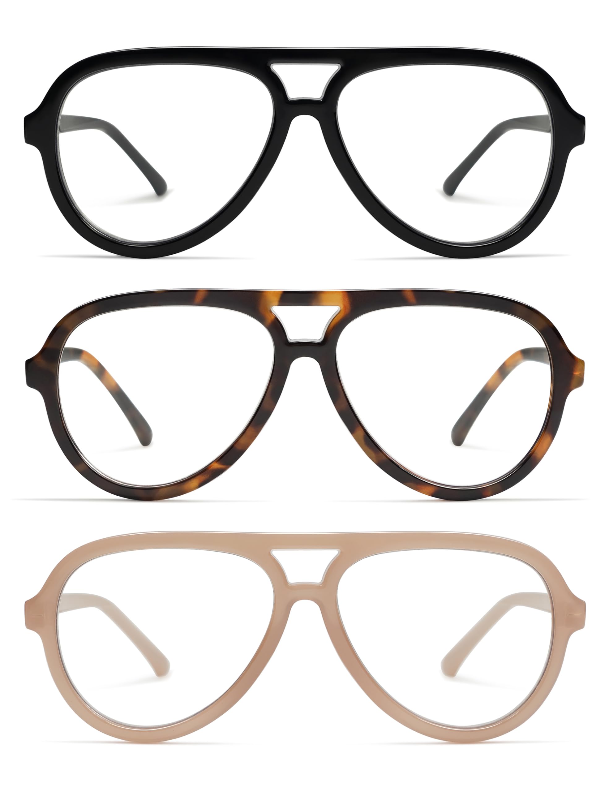 AMOMOMA 3 Pack Retro Aviator Reading Glasses for Women Men,Classic Large Oversized Reader Blue Light Computer Frame AM6111 C1+C2+C4 0.0X