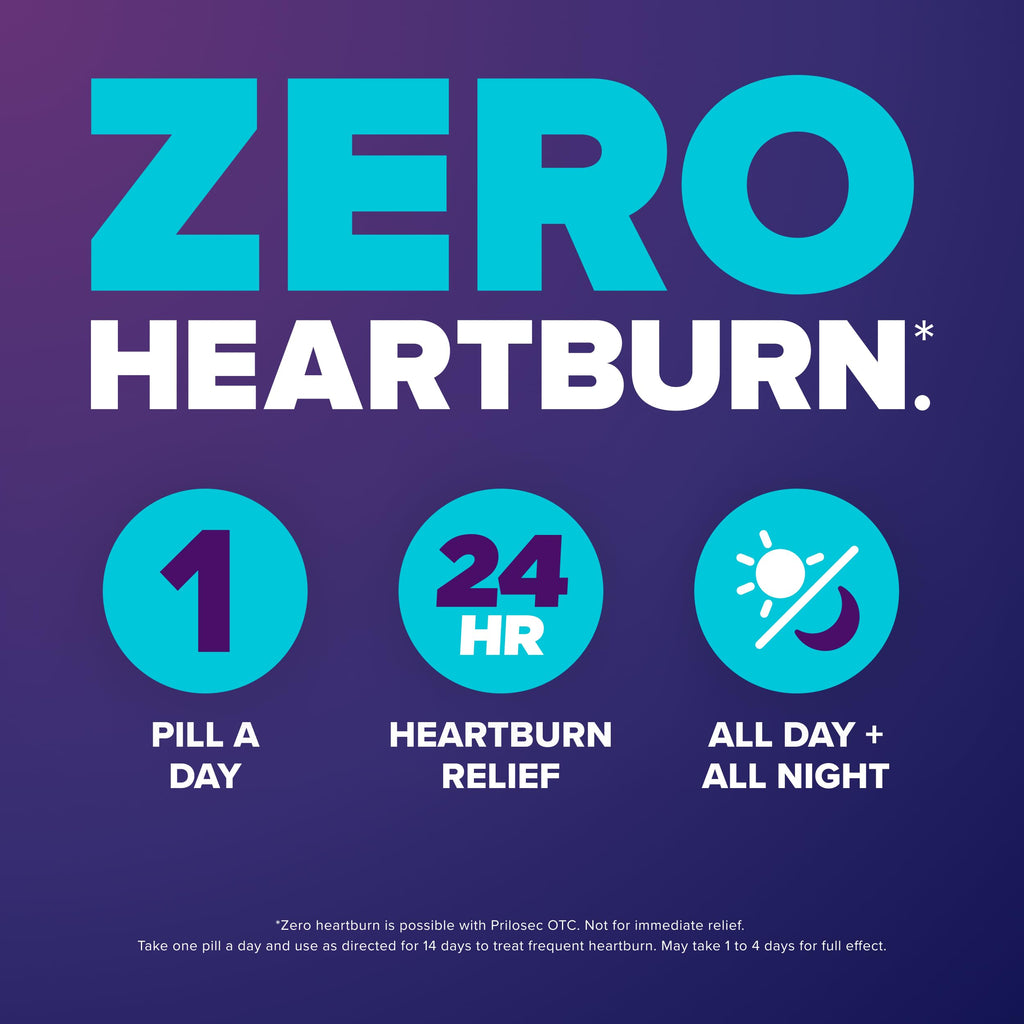 Prilosec OTC, Omeprazole Delayed Release 20mg, Acid Reducer, Treats Frequent Heartburn for 24 Hour Relief, All Day, All Night*, Heartburn Medicine, 20mg, Wildberry Flavor, 42 Tablets