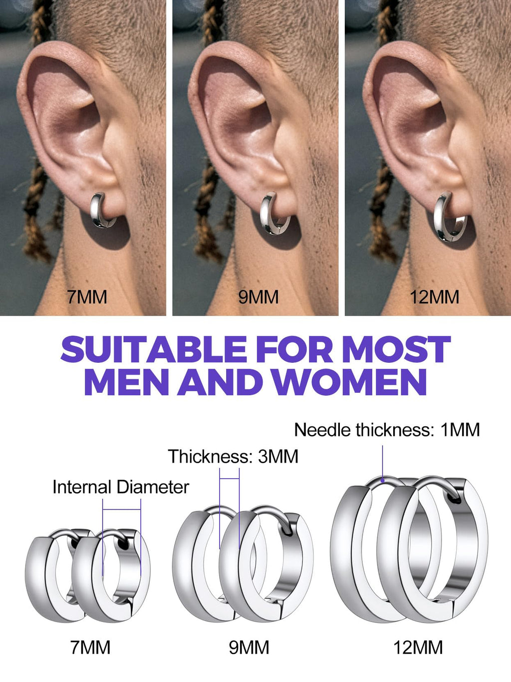 Richsteel 3 Pairs Mens Hoop Earrings Sets, Hypoallergenic Stainless Steel