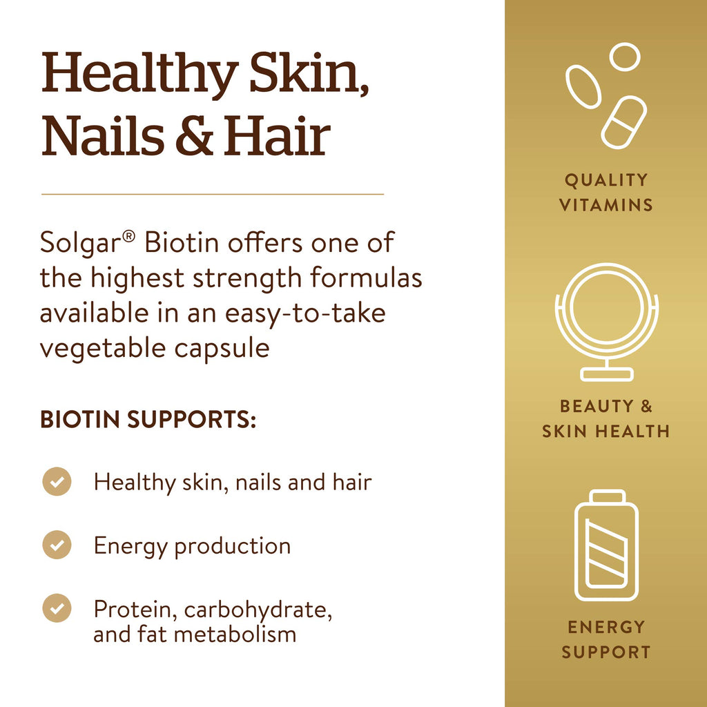 Solgar Biotin 10000 mcg Vegetable Capsules Energy Metabolism Promotes Healthy Skin Nails Hair Super High Potency NonGMO Vegan Gluten Free Dairy Free Kosher Servings, Standard Packaging, Unflavored, 120 Count