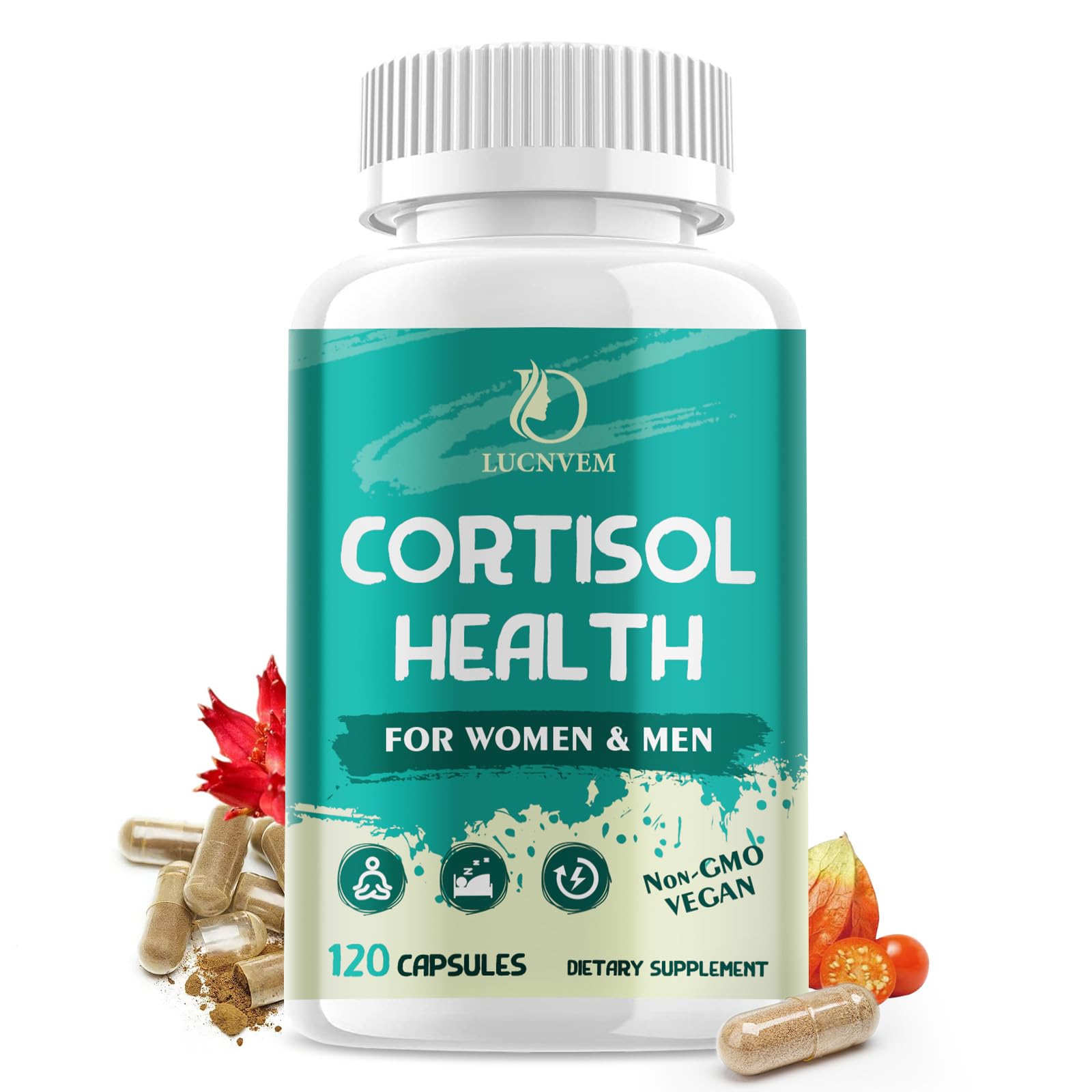 LUCNVEM Cortisol Supplement for Women & Men, Cortisol Reducer Detox Manager, Ashwagandha/Rhodiola Rosea/Magnesium and L-theanine Complex for Mood/Focus & Sleep- 60 Day Vegan Supply