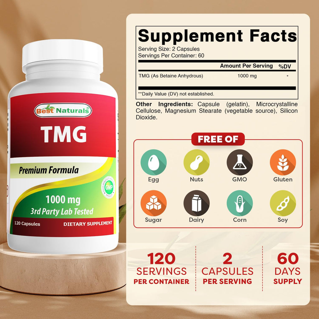 Best Naturals TMG Trimethylglycine (as Betaine Anhydrous) 1000 mg Serving - 120 Capsules - Healthy Homocysteine Levels & Methylation Support (120 Count (Pack of 2))