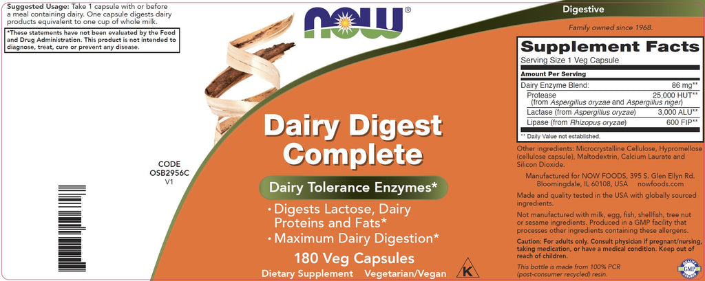 Now Dairy Digest Complete, 180 Veg Capsules, Lactose Digestion Support, Dairy Tolerance Enzymes