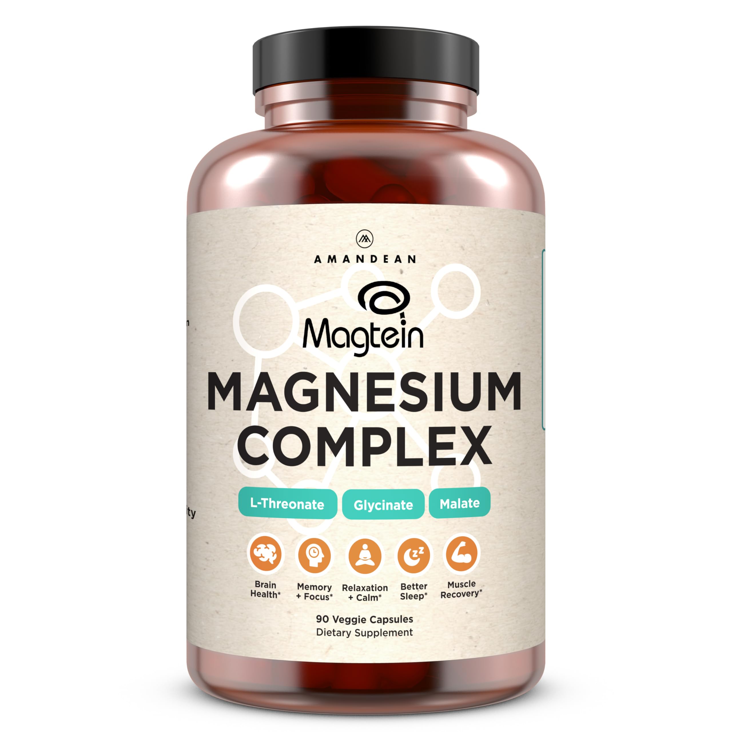 AMANDEAN Magtein Magnesium Complex. L-Threonate, Glycinate, Malate Triple Blend Chelated Magnesium Supplement. 90 Veggie Capsules. High Absorption Branded Ingredients. Brain Health, Sleep, Calm*.