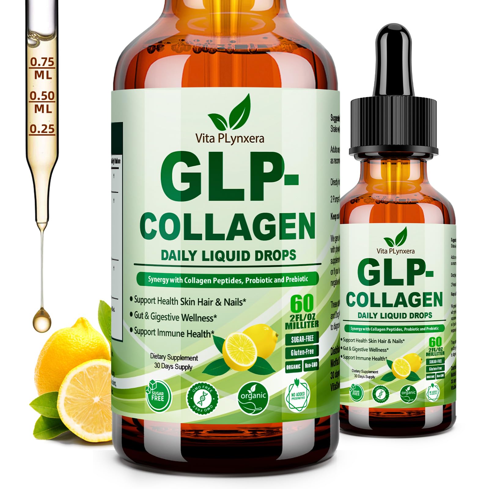Vita PLynxera Hydrolyzed Collagen Peptides + Prebiotic & Probiotics Liquid Drops for Women, 60 Billion CFU Support Digestive Skin Hair Nails, Liquid Collagen Burn Drops