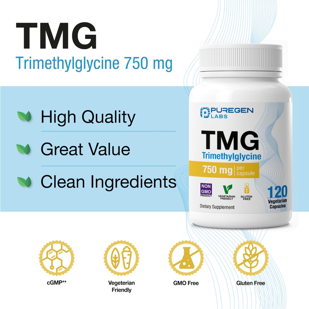 Puregen Labs TMG 750 mg – [High Potency] Trimethylglycine Supplement – Encourages Healthy Homocysteine Levels, Non-GMO, NO Gluten and Dairy - 2 Pack - Total 240 Vegetarian Capsules