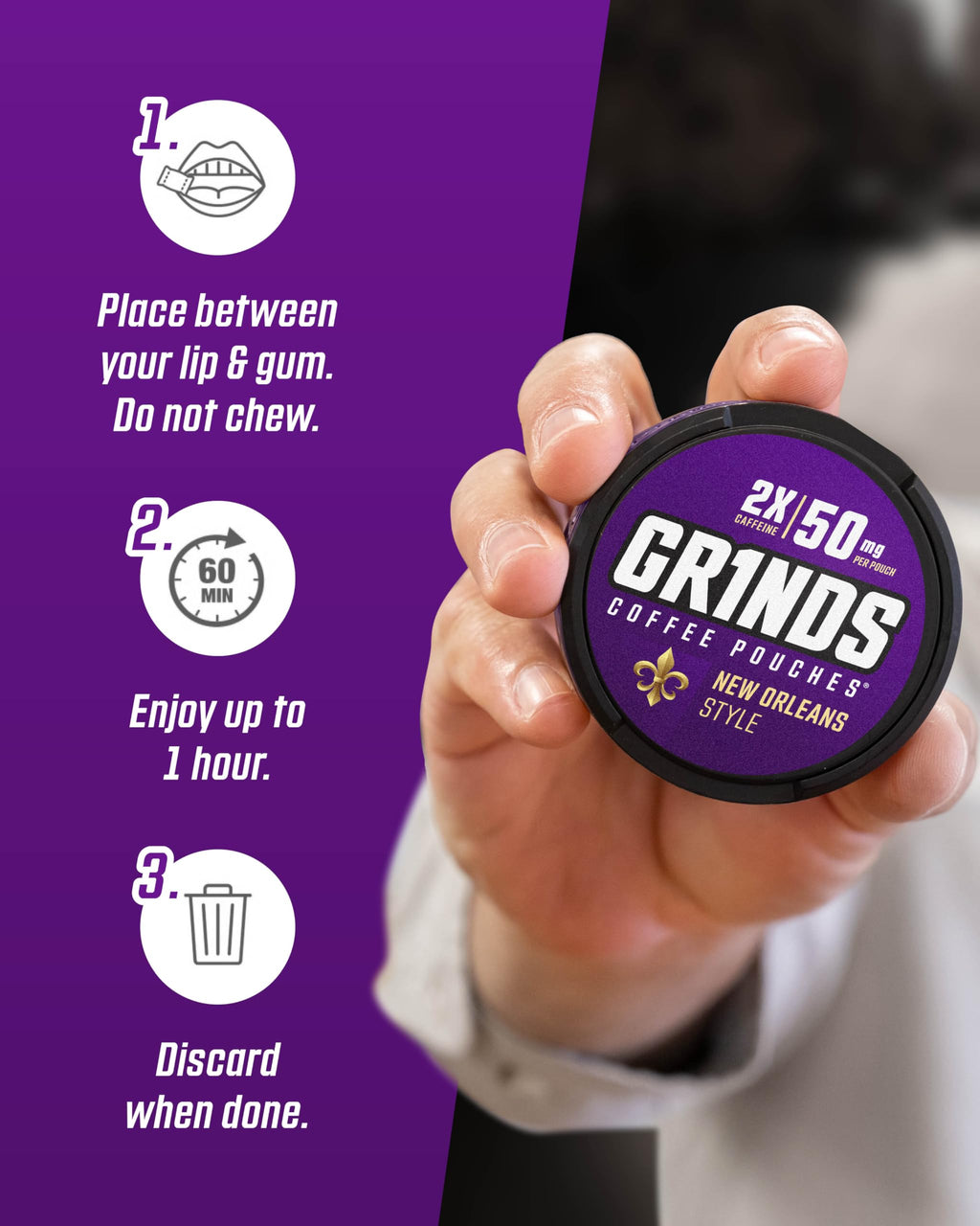 GRINDS Coffee Pouches | 6 Cans of New Orleans | Made in The USA | Tobacco Free, Nicotine Free | 18 Pouches Per Can | 2X Caffeine 1 Pouch eq. 1/2 Cup of Coffee (New Orleans)