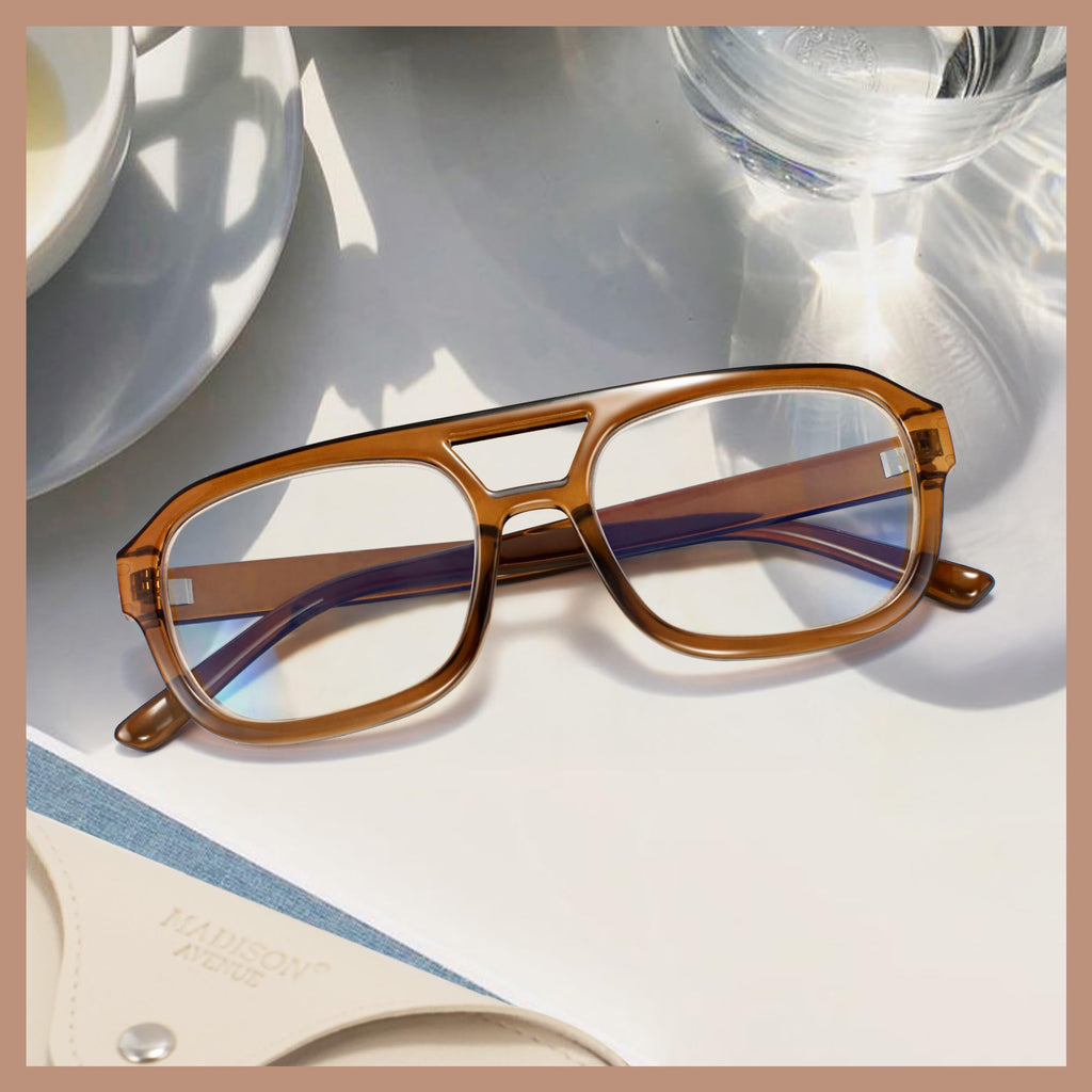Madison Avenue Retro Aviator Blue Light Blocking Glasses for Women Men with Case, Trendy Rectangle Computer Eyeglasses Brown