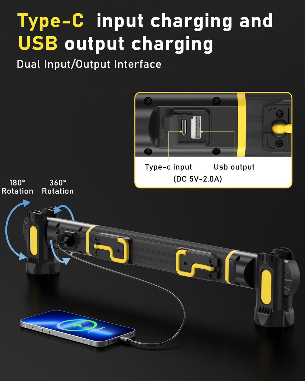 Magnetic Work Light, 5200mAh Rechargeable LED Work Light Bar, 3000 Lumens Bright Under-Hood Mechanic Light for Car Repairing/Inspection/Garage/Workshop/Emergency (1 Pack, Black-Yellow)