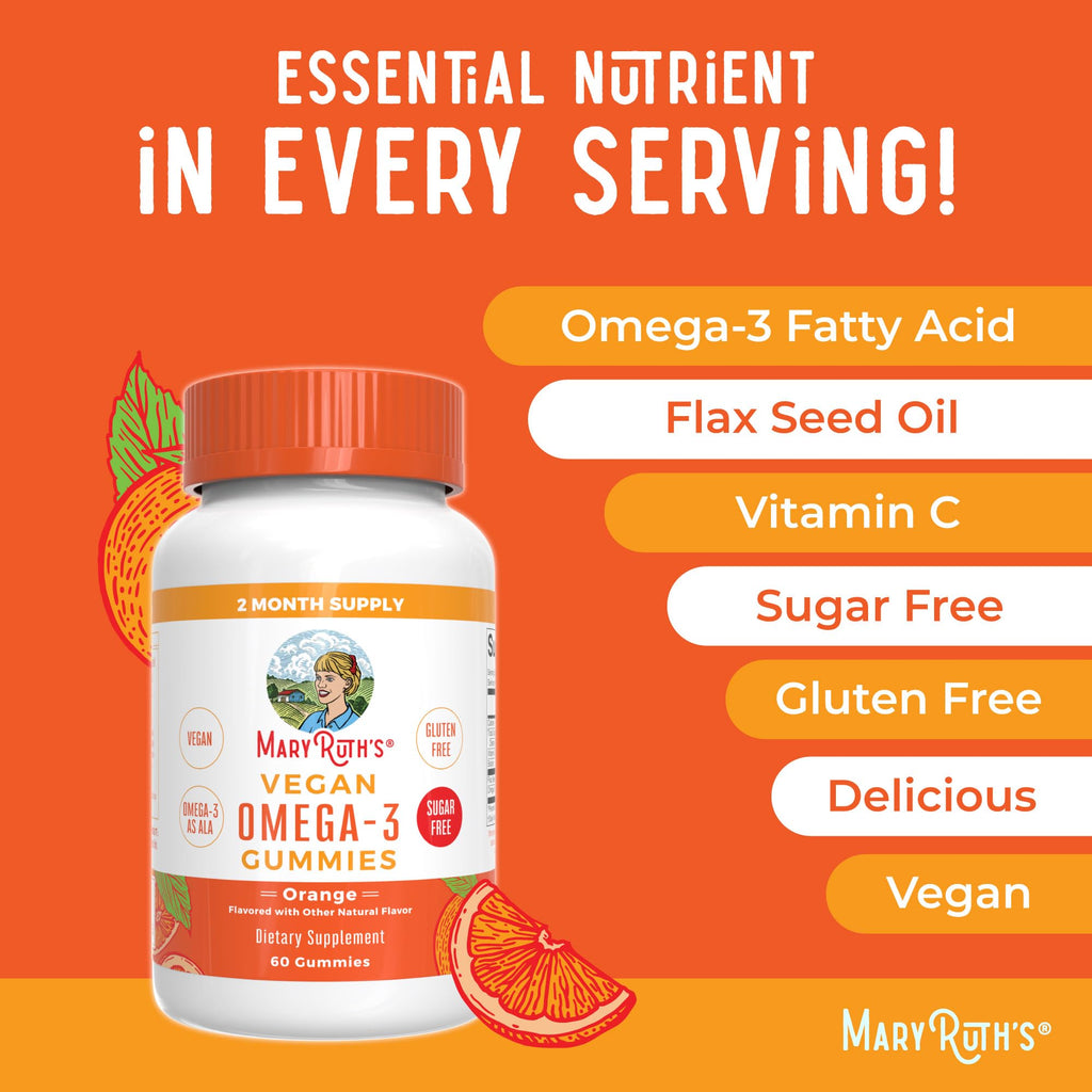 MARYRUTH'S Vegan Omega 3 Gummies for Adults | 2 Month Supply | Sugar Free Supplement with Vitamin C | Flaxseed Oil Immune Support | Overall Wellness | No Fish Taste | 60 Count
