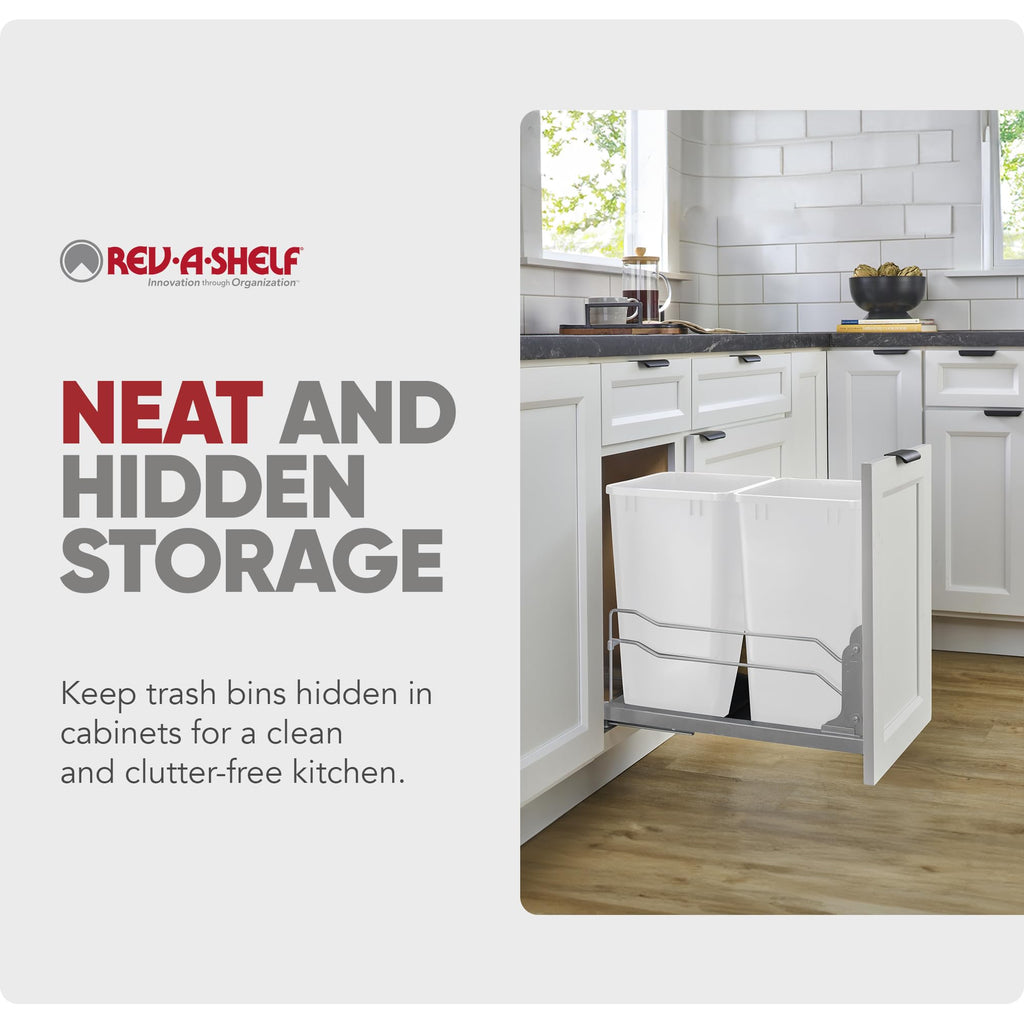 Rev-A-Shelf Double 35 Qt Pullout Trash Cans with Soft-Close for Under Kitchen Cabinets, Min Opening Width of 14.5", White, 53WC-1835SCDM-211