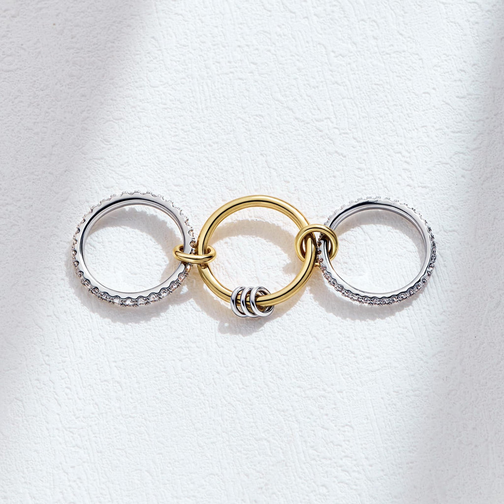 AllenCOCO 14K Gold & White Gold Plated Stackable Rings, Interlocking 3-Band Ring Set with Cubic Zirconia for Women Statement Size 7
