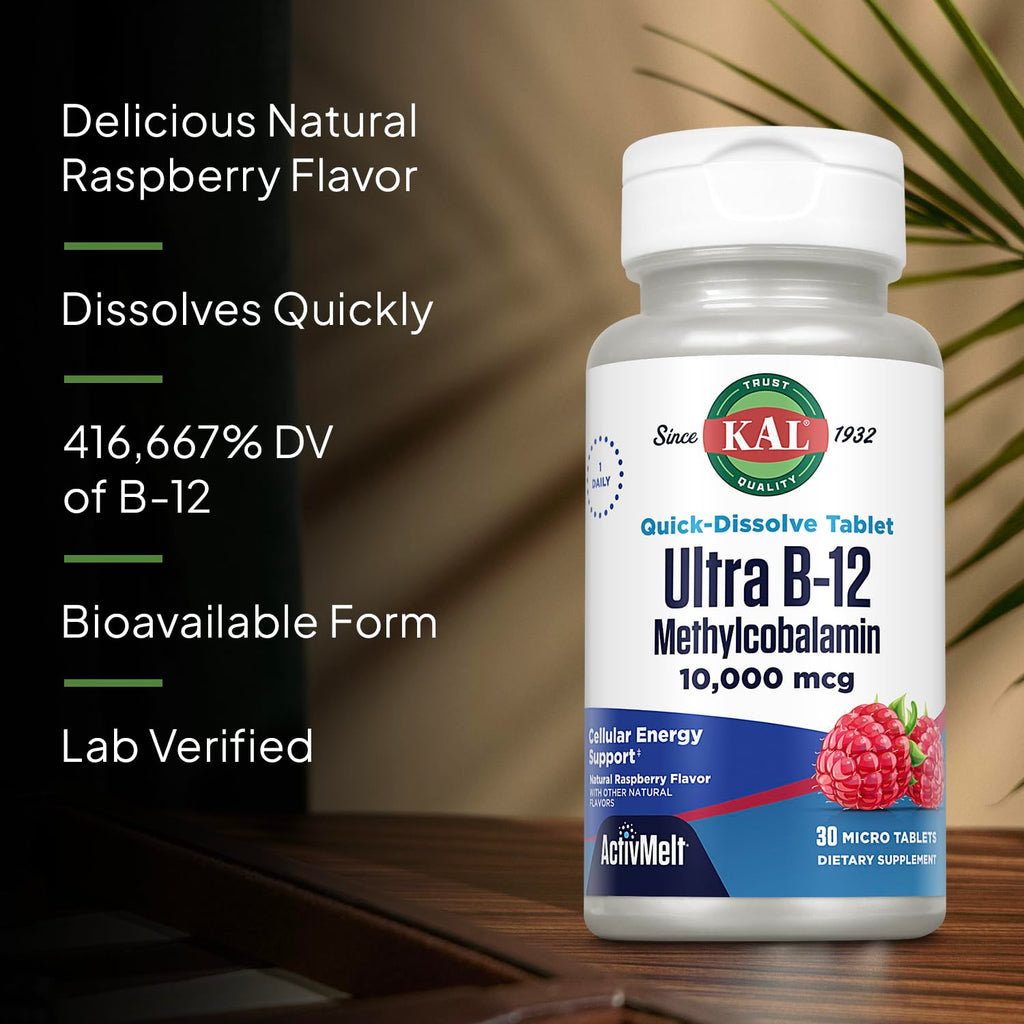 KAL Ultra B12 Methylcobalamin 10,000mcg, High Potency Vitamin B-12 for Healthy Energy, Metabolism, Nerve, Red Blood Cell Support,* Natural Raspberry Flavor, Vegetarian, 30 Micro Tablets, 30 Servings