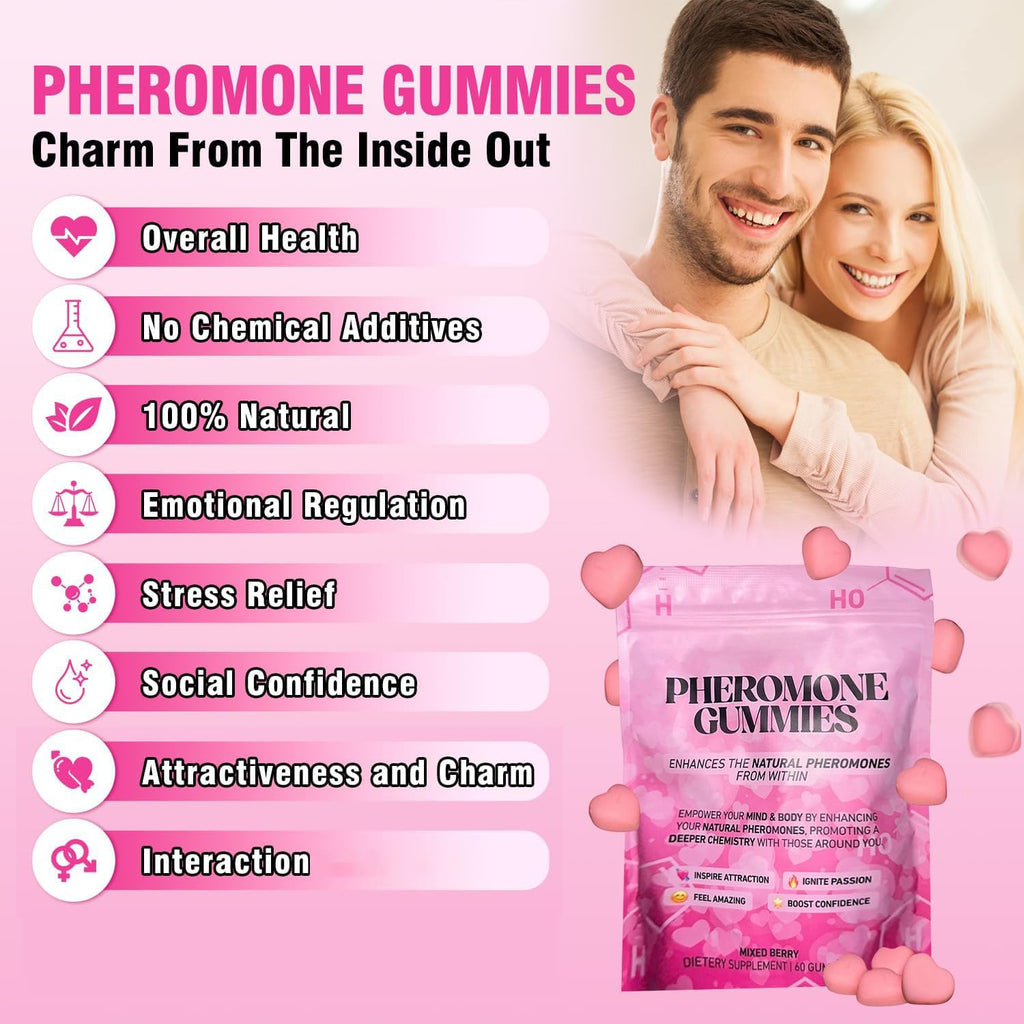 Boasi Pheromone Gummies with Slippery Elm, for Women,Enhance Charm,Supports Balance,Confidence & Social Vibe,Vegan,Non-GMO,Gluten-Free,Strawberry Flavor,60 Gummies