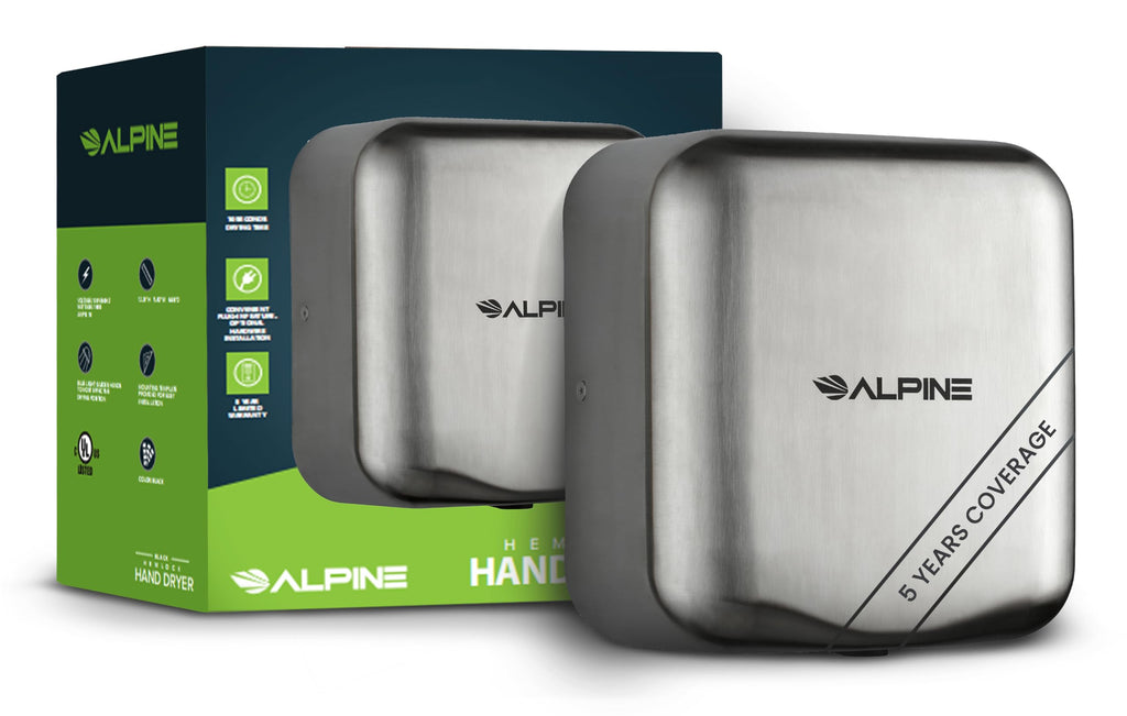 Alpine Industries 400-10-SSB Alpine Hemlock Automatic Hand Dryer - Heavy Duty Stainless Steel - Commercial High Speed Hot Air Hand Blower | 1800Watts | 110-120Volts | Quick & Easy Installation, Brushed Stainless Steel