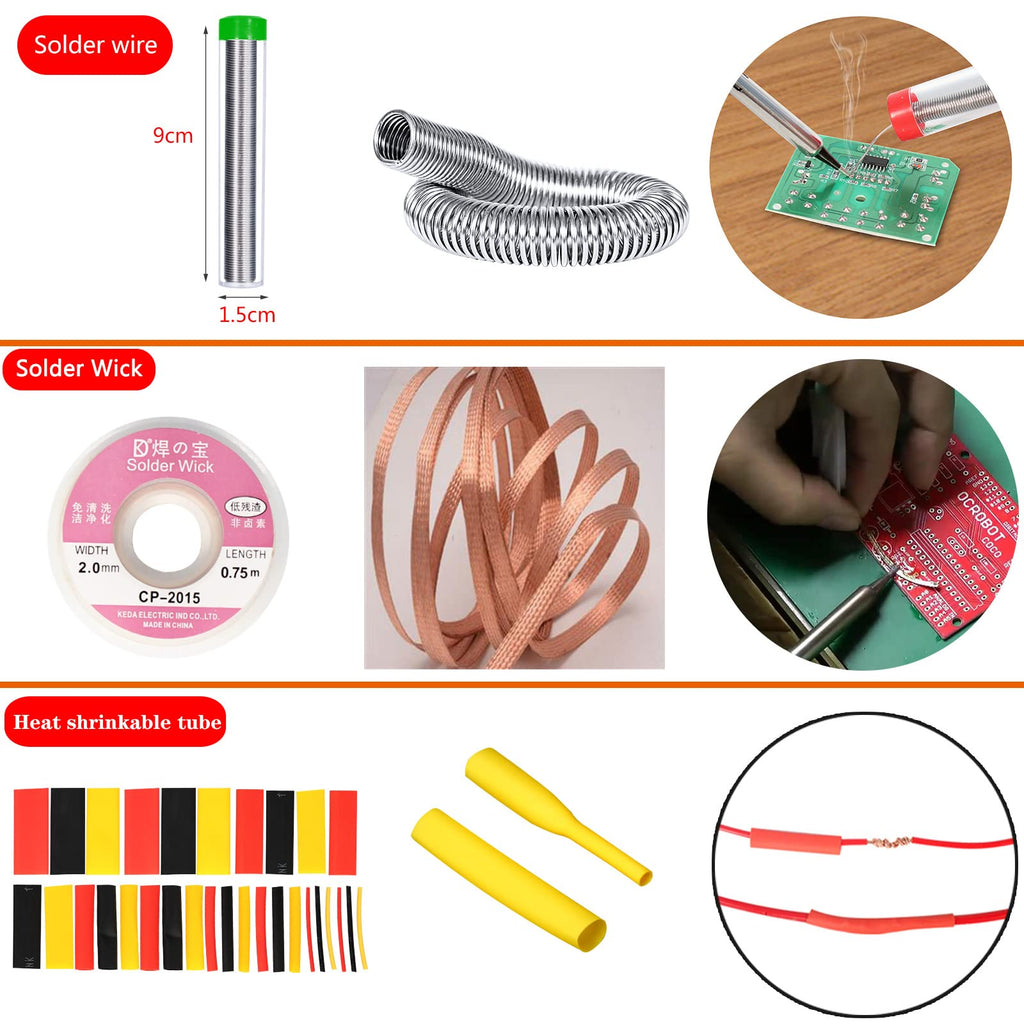 Soldering Iron Kit, 60W Adjustable Temperature, Digital Multimeter, 5pcs Soldering Tips, Wire, Stand, Desoldering Pump, Solder Wick, Tweezers, Welding Tool