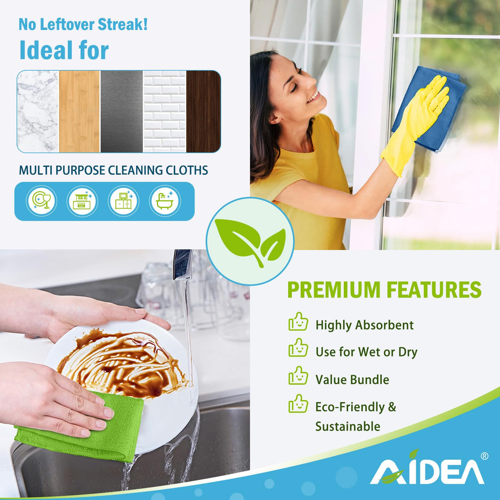 AIDEA Microfiber Cleaning Cloth, 200PK, Absorbent Shop Rags, Microfiber Towels for Cars, Kitchen Towels, Dusting Cloth for Home, Window, Cleaning Supplies, 12"×12"