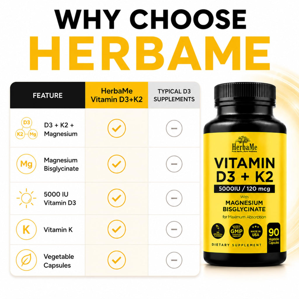 HerbaMe Vitamin D3 5000 IU + K2 with Magnesium Bisglycinate | Complete D3 Activation & Absorption Support Formula | Bone, Muscle & Immune Wellness | 90 Capsules