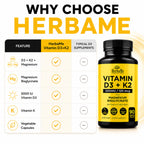 HerbaMe Vitamin D3 5000 IU + K2 with Magnesium Bisglycinate | Complete D3 Activation & Absorption Support Formula | Bone, Muscle & Immune Wellness | 90 Capsules