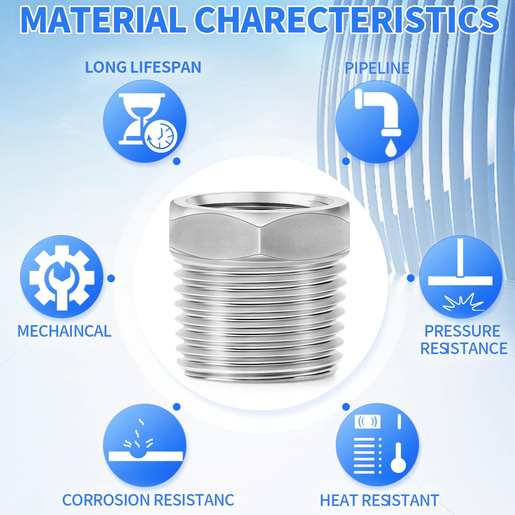 ChillWaves 304 Stainless Steel Pipe Fitting, Reducer Hex Bushing 1/2" NPT Male x 3/8" NPT Female Thread Adapter(12-PACK)