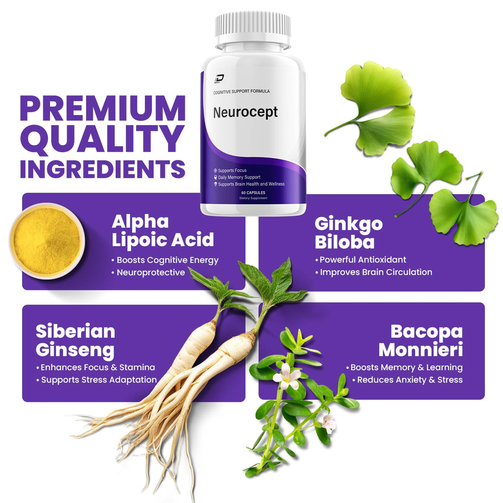 Neurocept Supplement Capsules – All Natural Maximum Strength Formula, Focus & Memory Support (5 Pack – 300 Capsules)