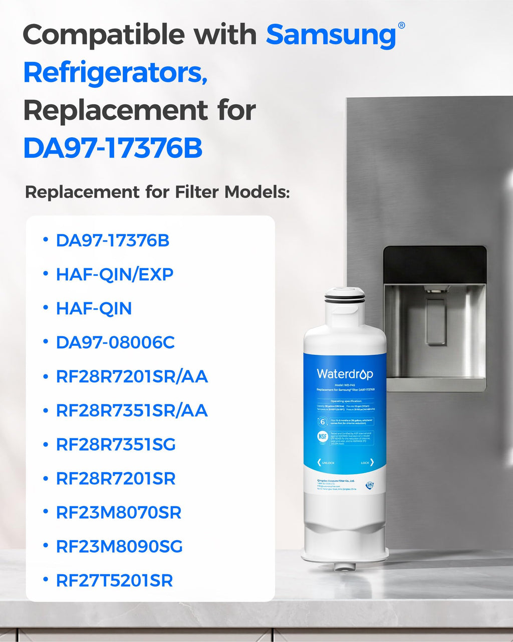 Waterdrop WD-F45 Replacement for Samsung® DA97-17376B, HAF-QIN/EXP, DA97-08006C, RF28R7201SR, RF28R7351SG, WD-F45, Refrigerator Water Filter, 3 Filters