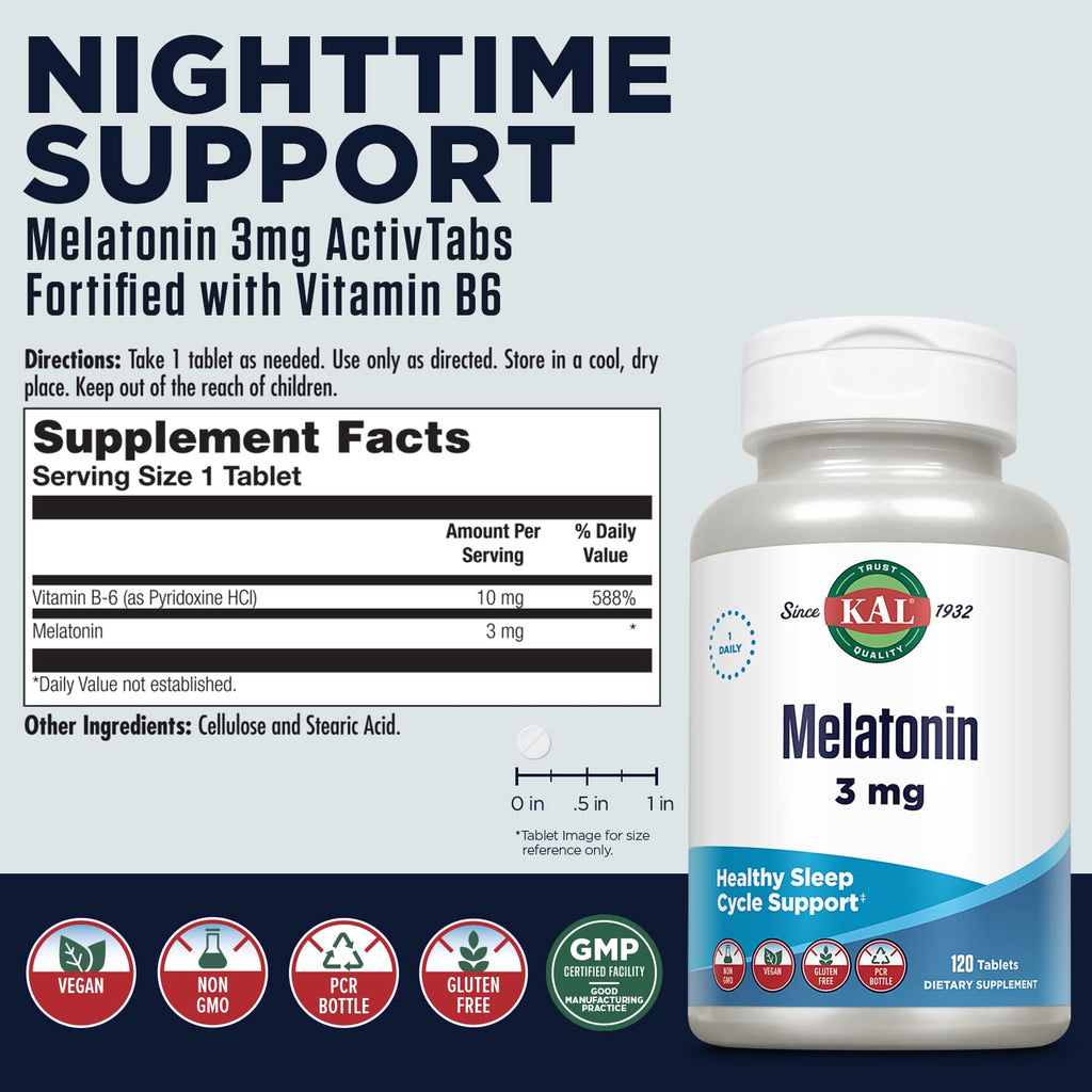 KAL Melatonin 3mg Sleep Aid, Fast Dissolve Tablets, Calming Relaxation and Healthy Sleep Cycle Support, with Added Vitamin B6, Vegan, Gluten Free, Non-GMO, 120 Servings, 120 ActivTabs