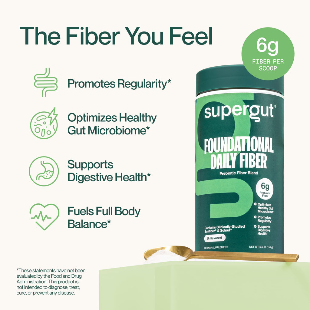 Supergut Foundational Daily Fiber Powder, Sugar Free & Vegan Prebiotic Fiber Blend for Gut Health & Digestive Support, Supplement for Men & Women with Solnul & Sunfiber, Unflavored, 20 Servings