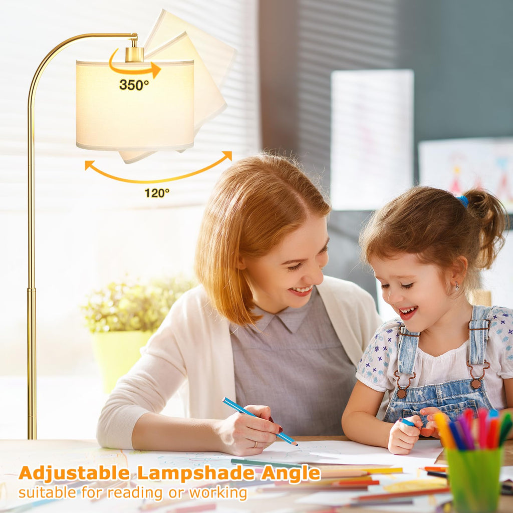 Ambimall Arc Floor Lamp with Remote and Stepless Dimmable Bulb, Colors Temperature & Brightness Adjustable, Floor Lamps for Living Room（White Shade & Gold Pole）