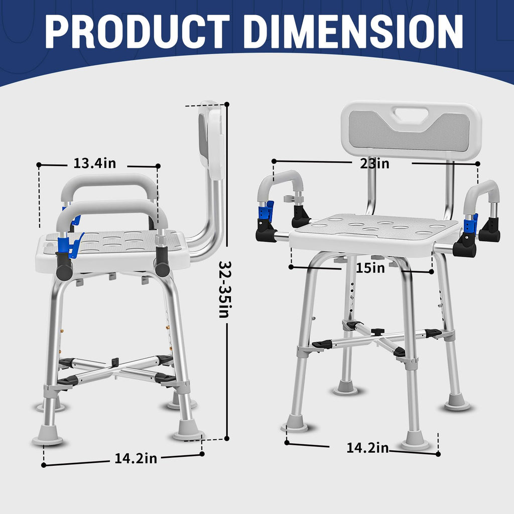 Shower Chair for Seniors Elderly Handicap Disabled Or Bariatric Adults Heavy Duty 500 Lbs Bench Seat for Inside Shower Stall and Bathroom Bath Tub with Arms and Back Adjustable Stool Chairs