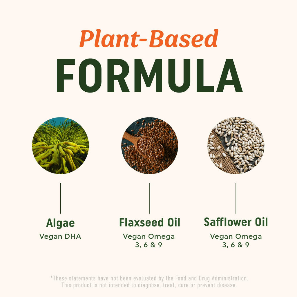 Omega 3 6 9 + DHA Gummies | Plant-Based Triple Omegas from Algae, Flaxseed & Safflower Oil | 50mg of DHA | Vegetarian, Non-GMO, Gluten-Free, Essential Fatty Acid Supplements for Adults | 60 Gummies