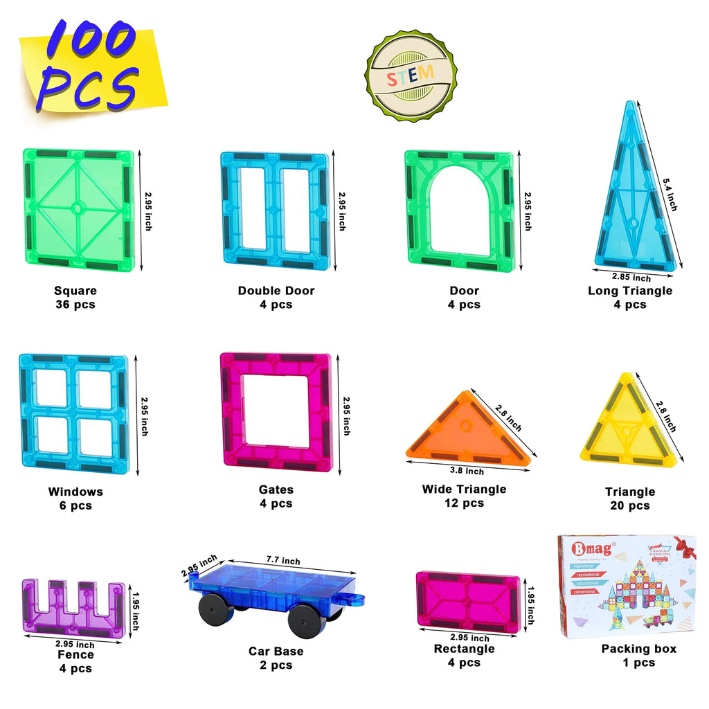 Bmag 100PCS Magnet Building Blocks with 2 Cars for Kids, Magnetic Tiles Stacking Building Set for Boys Girls, STEM Preschool Educational Learning Construction Toy