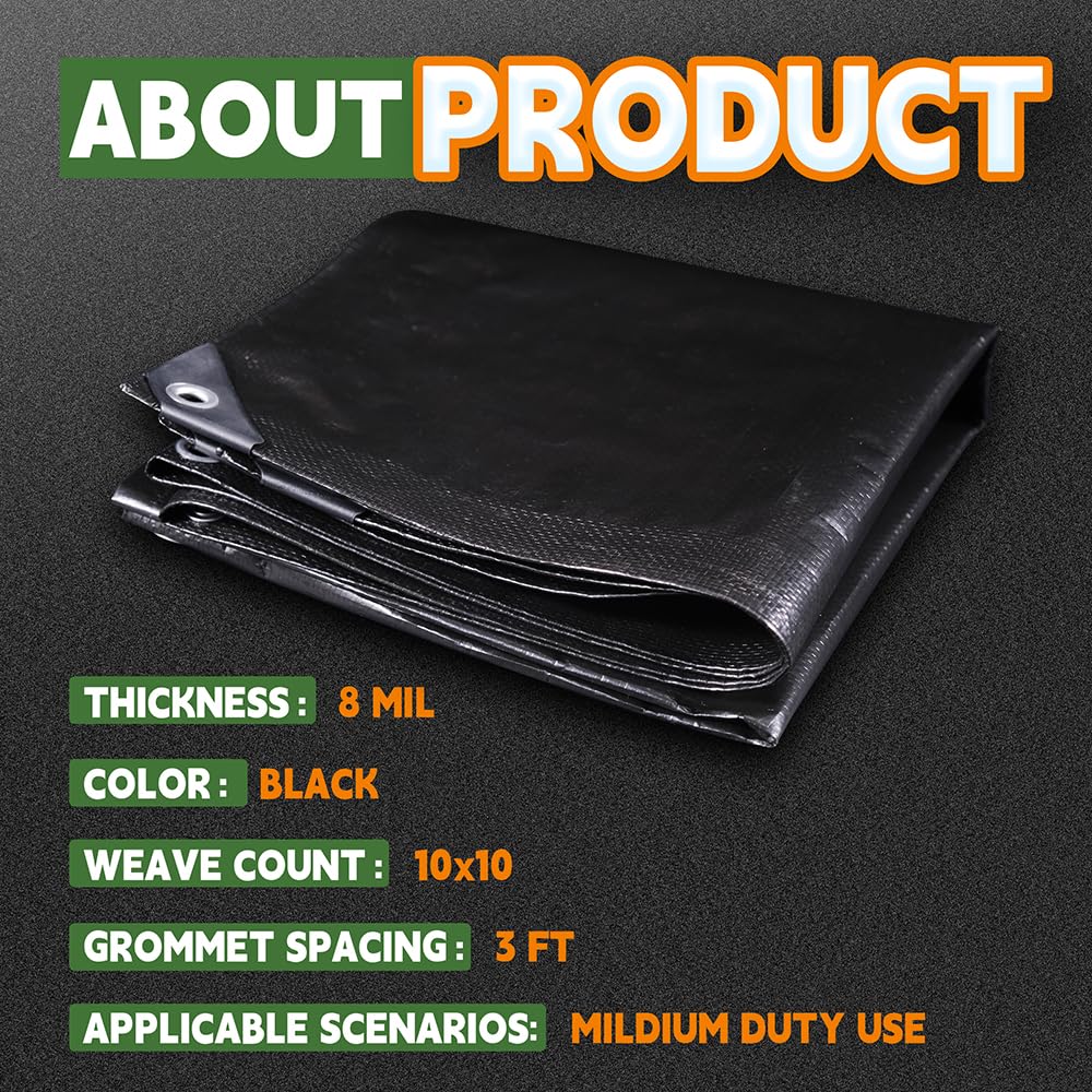 RAINDEWAY Extra Large Tarp 60x60, 8 Mil Thick, Black Tarps Heavy Duty Waterproof, UV Resistant, Cover with Metal Grommets and Reinforced Edges, Finished Size