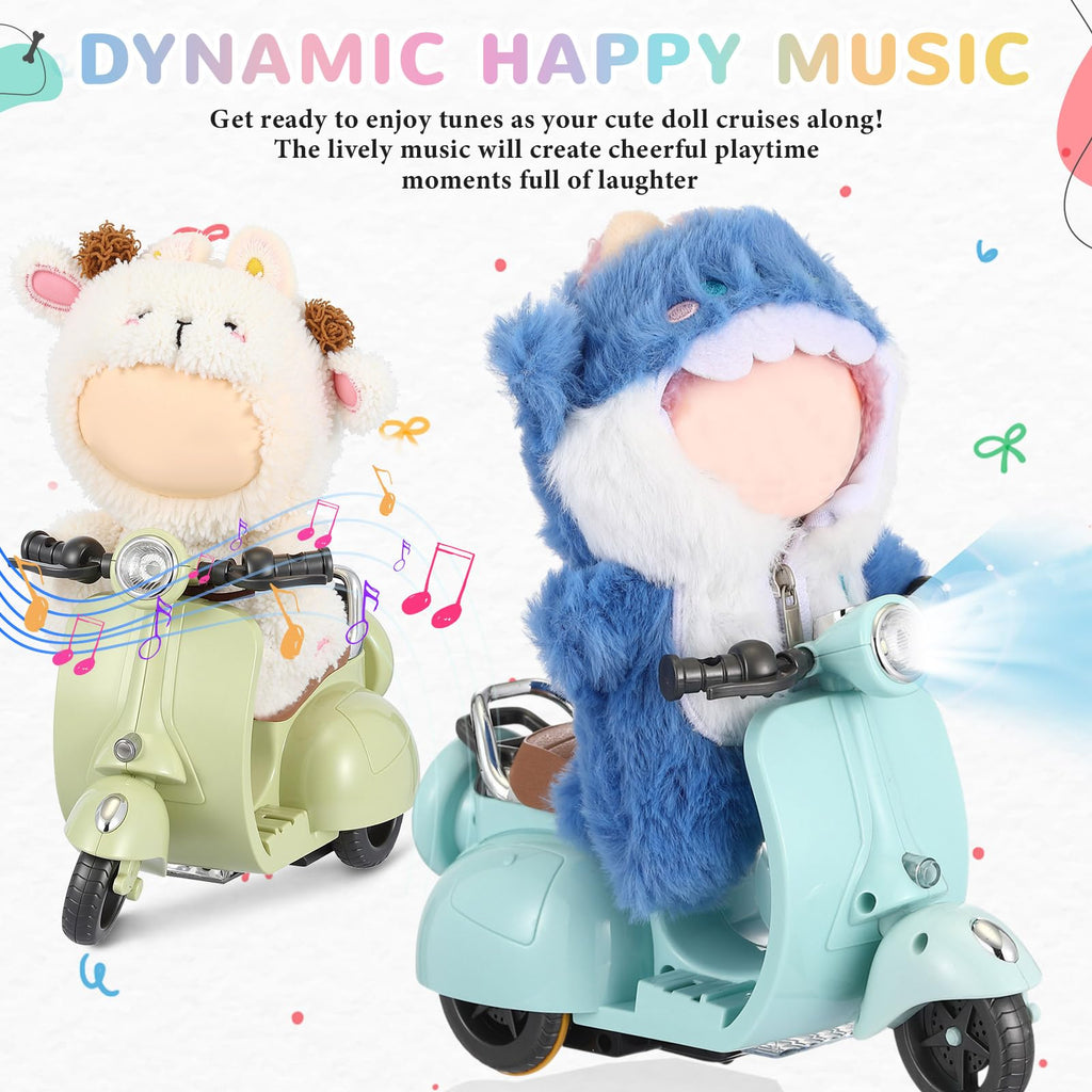 Simgoing 2 Pcs Mini Electric Doll Scooter Vehicles Toy Funny Doll Accessory with Music & Lights Could Rotate 360° Cute Plastic Scooter Toy Ornaments Battery Not Included (Blue & Green)