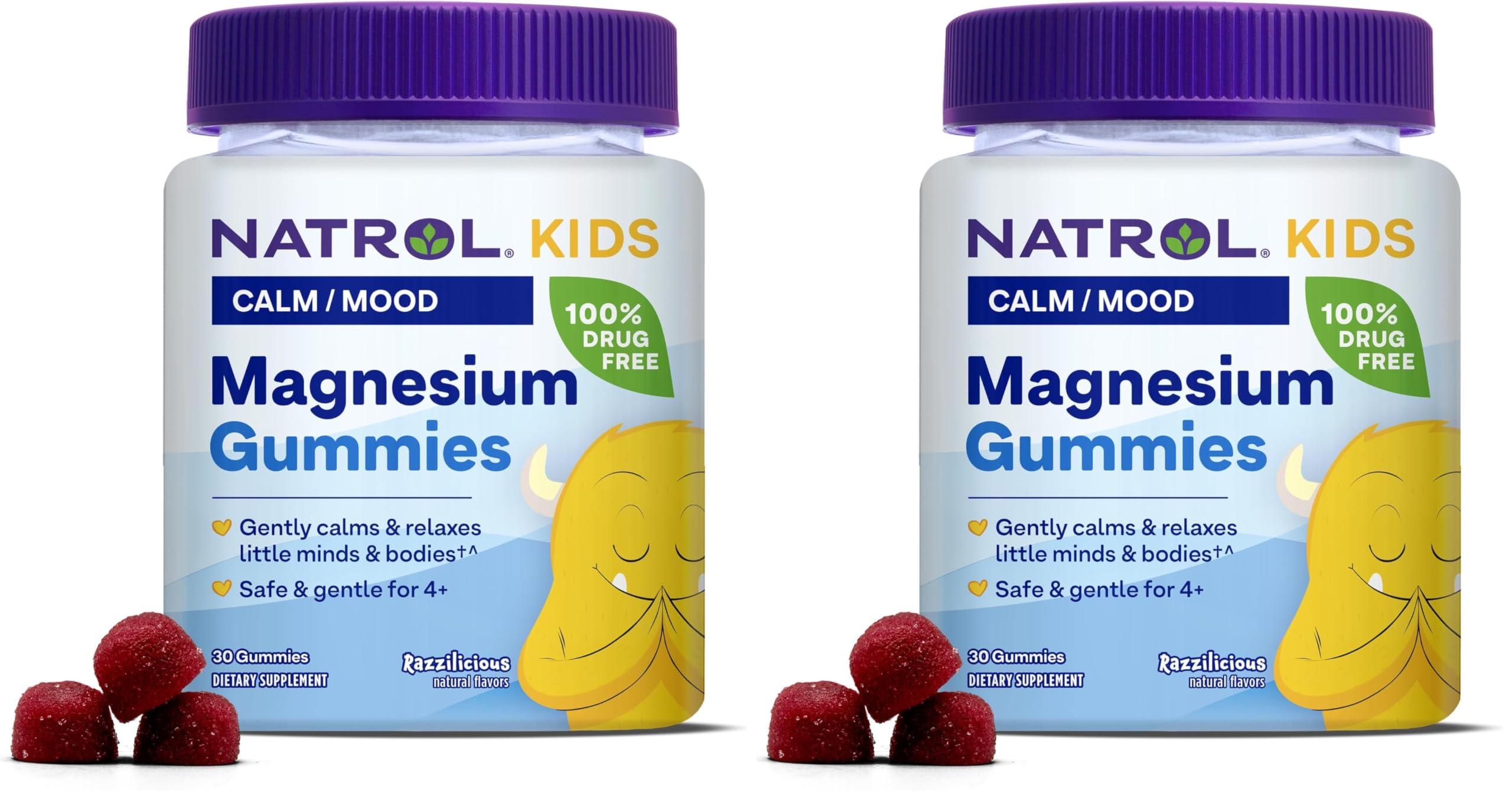 Natrol Kids Magnesium Citrate Gummies, Gently Calm & Relax Little Minds and Bodies, Plus Support Healthy Muscle Relaxation and Function, 30 Razzilicious Gummies, Up to a 30 Day Supply, (Pack of 2)