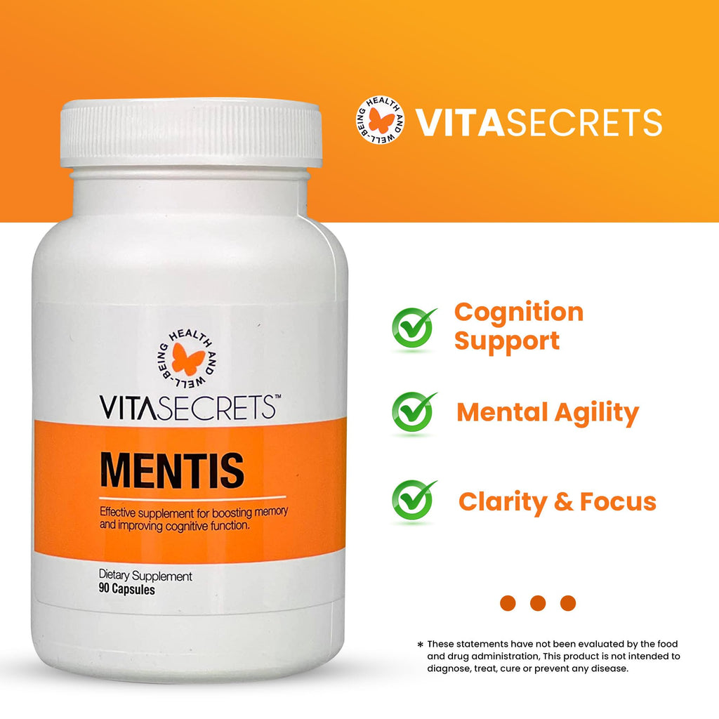 Vitasecrets Mentis Memory & Cognition Support Supplement - Concentration, Clarity, Cognitive Enhancement - Vitamins B6, B12, Ashwaganda, Gingko Biloba| Gluten and GMO Free, 90 Capsules