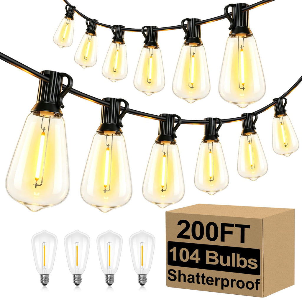 Brightever Outdoor String Lights 200FT Waterproof, Patio String Lights for Outside with 100+4 ST38 Shatterproof LED Filament Bulbs, Dimmable Hanging Lights for Christmas, Party, Cafe (2-Pack 100FT)