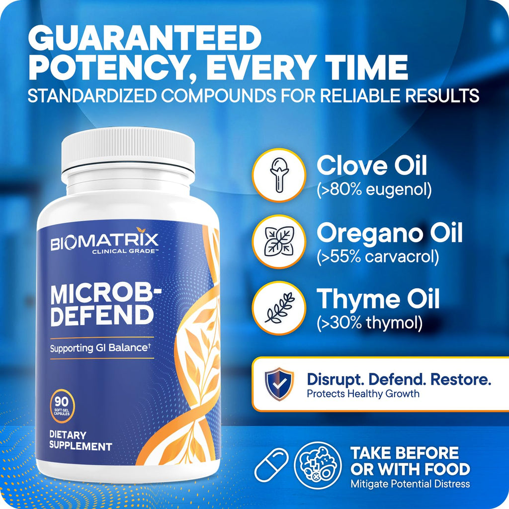 BioMatrix Biofilm Disruptor, GI Repair Digestive Supplement for Men and Women, Oil of Thyme, Oregano & Clove, Gut Microbiome & Intestinal Health Support | Microb-Defend (90 Softgels)