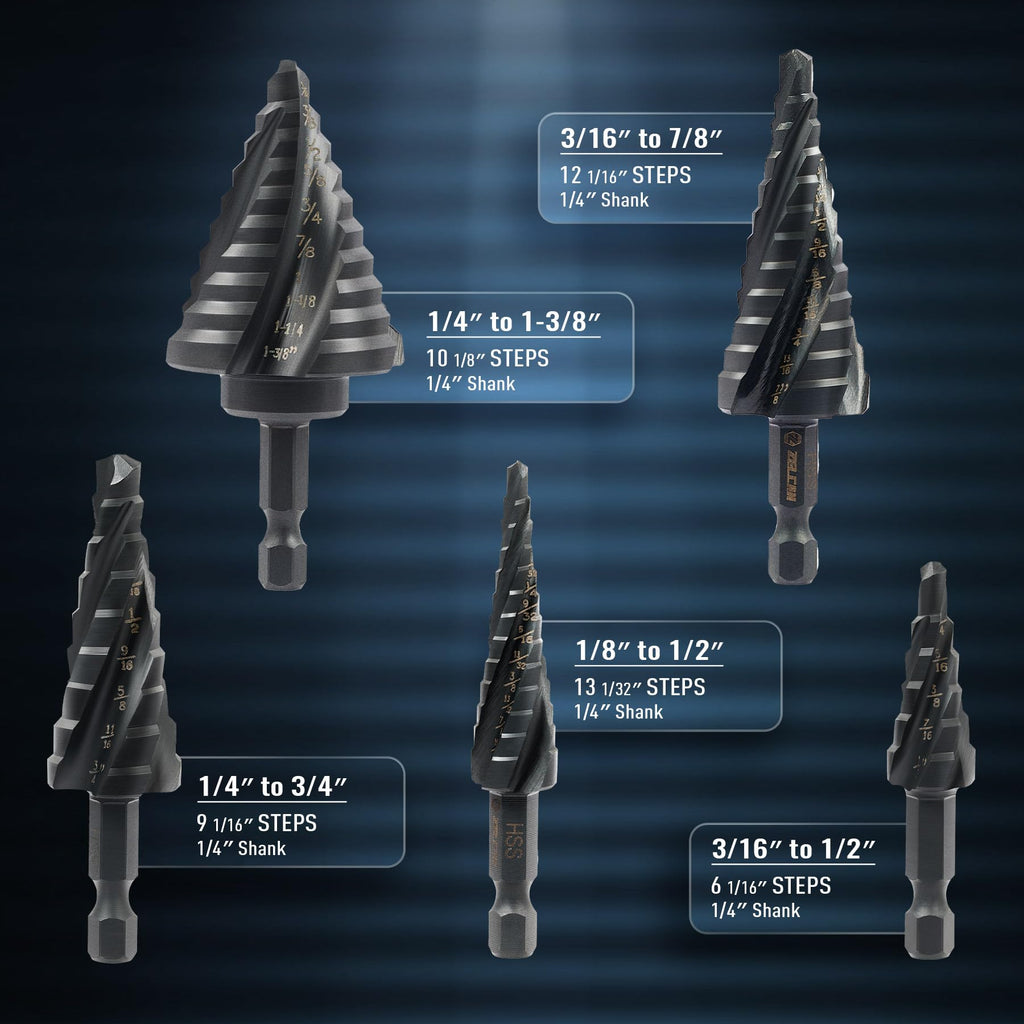 Step Drill Bit Set, 5PCS Four Spiral Flute Step Bits for Metal, 50 Sizes Titanium-Coated HSS Drill Bits with 1/4" Hex Shank for Stainless Steel Aluminum Wood Plastic