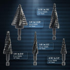 Step Drill Bit Set, 5PCS Four Spiral Flute Step Bits for Metal, 50 Sizes Titanium-Coated HSS Drill Bits with 1/4" Hex Shank for Stainless Steel Aluminum Wood Plastic
