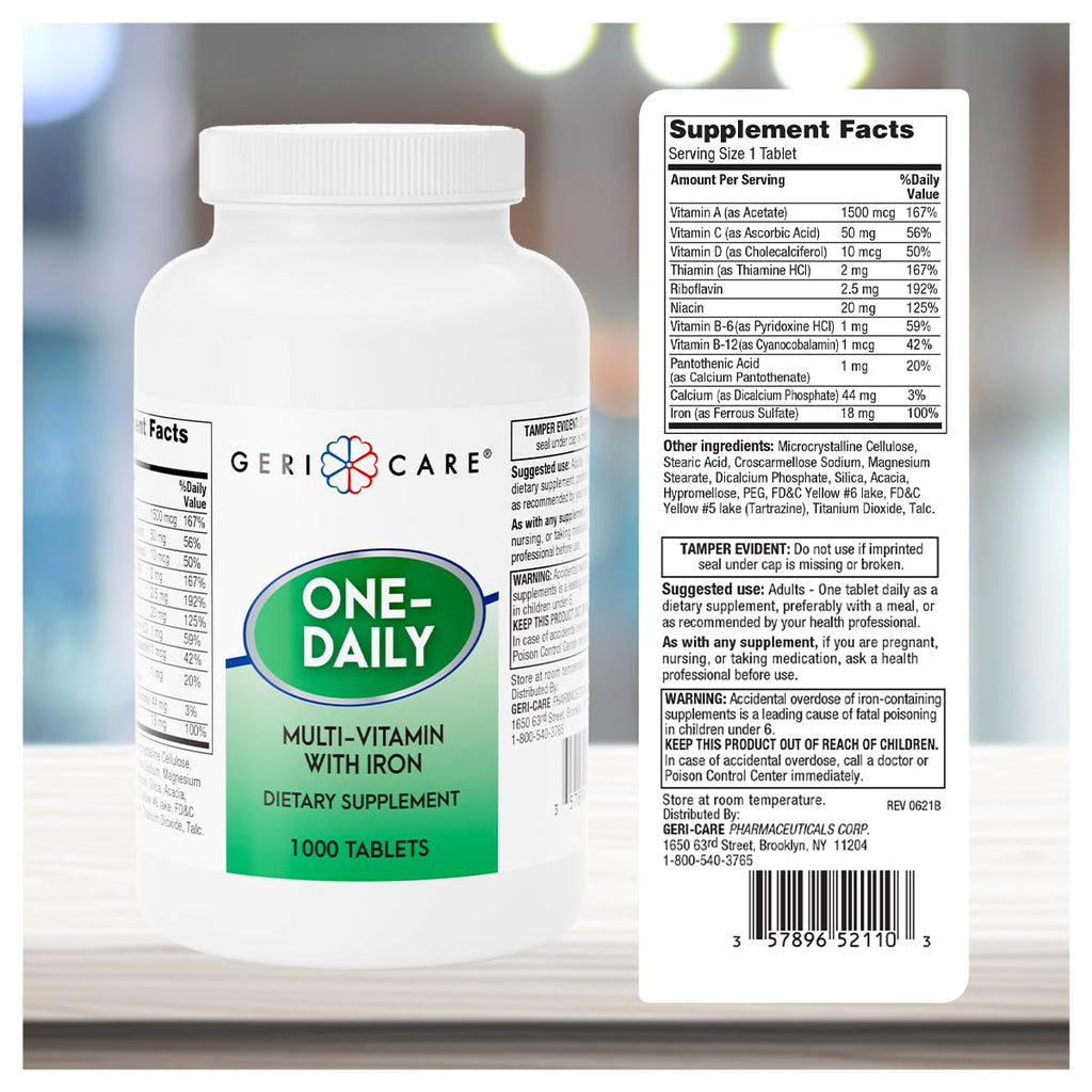 GeriCare One-Daily Multi-Vitamin with Iron, Complete Daily Nutritional Supplement with Essential Minerals for Energy, Immunity, Bone & Overall Wellness, 1000 Count (Pack of 1)